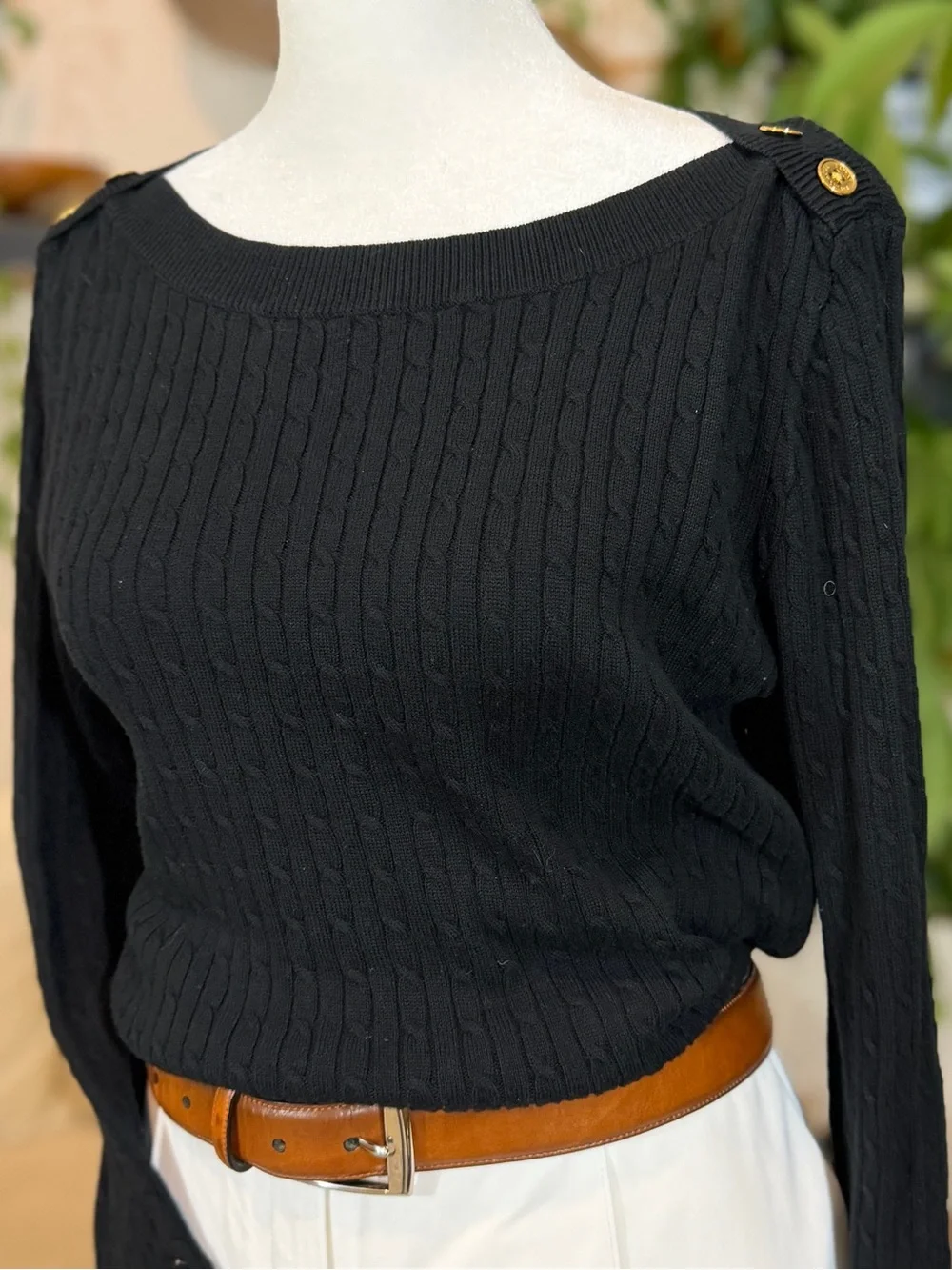 Lauren Ralph Lauren Black Cable Knit Gold Button Shoulder Sweater Cotton M Fall